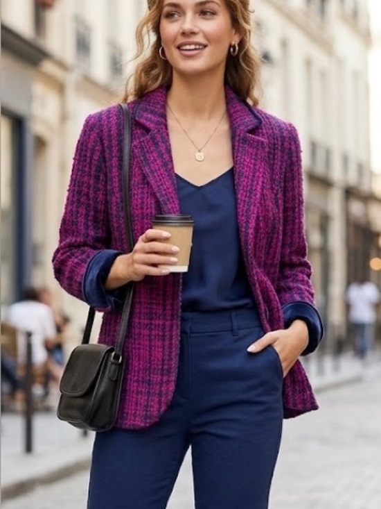 Coldwater Creek Jackets & Blazers - Coldwater Creek Pink & Navy Tweed Textured Blazer Jacket Size 14